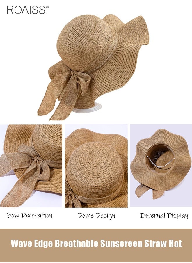 roaiss - Women'S Fashion Sunshade Hat Lace Hollow Woven Big Brim Beach Hat Ruffle Design Foldable Flower Woven Fisherman Hat - Image 1