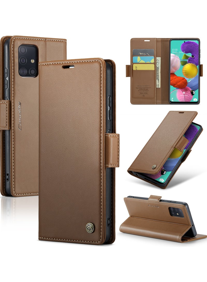 Flip Wallet Case for Samsung Galaxy A51 4G, Leather Magnetic Attachment Flip Case Brown - Image 1