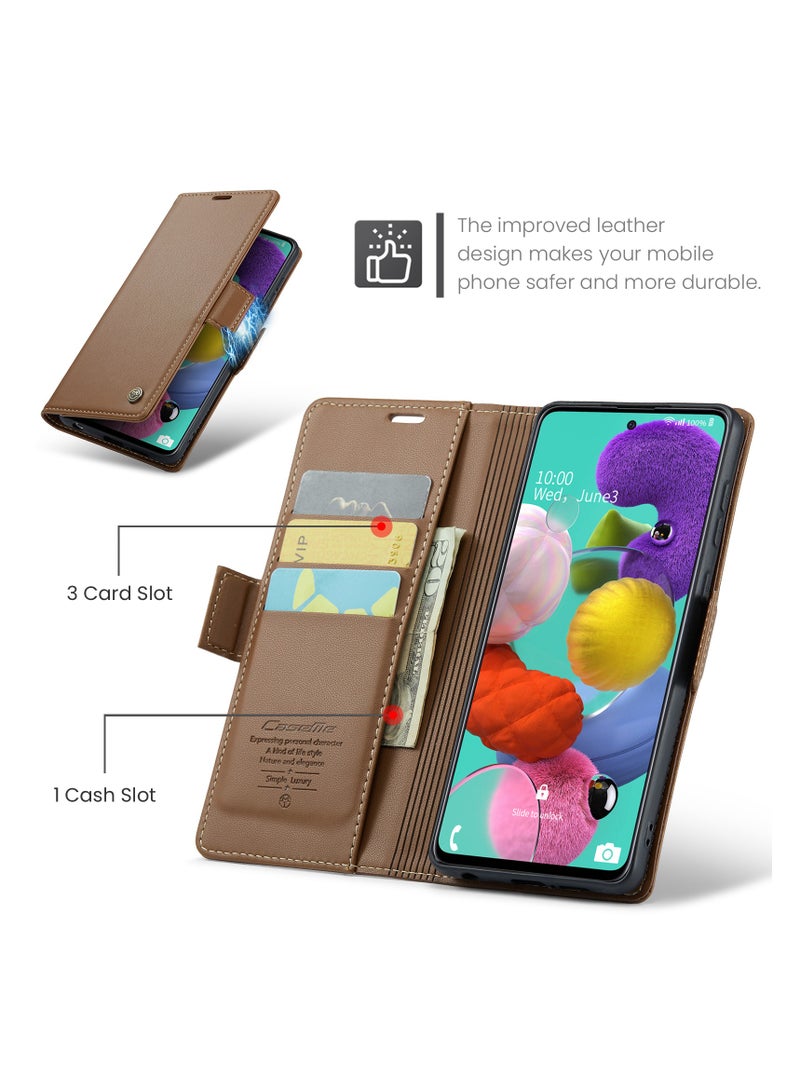 Flip Wallet Case for Samsung Galaxy A51 4G, Leather Magnetic Attachment Flip Case Brown - Image 2