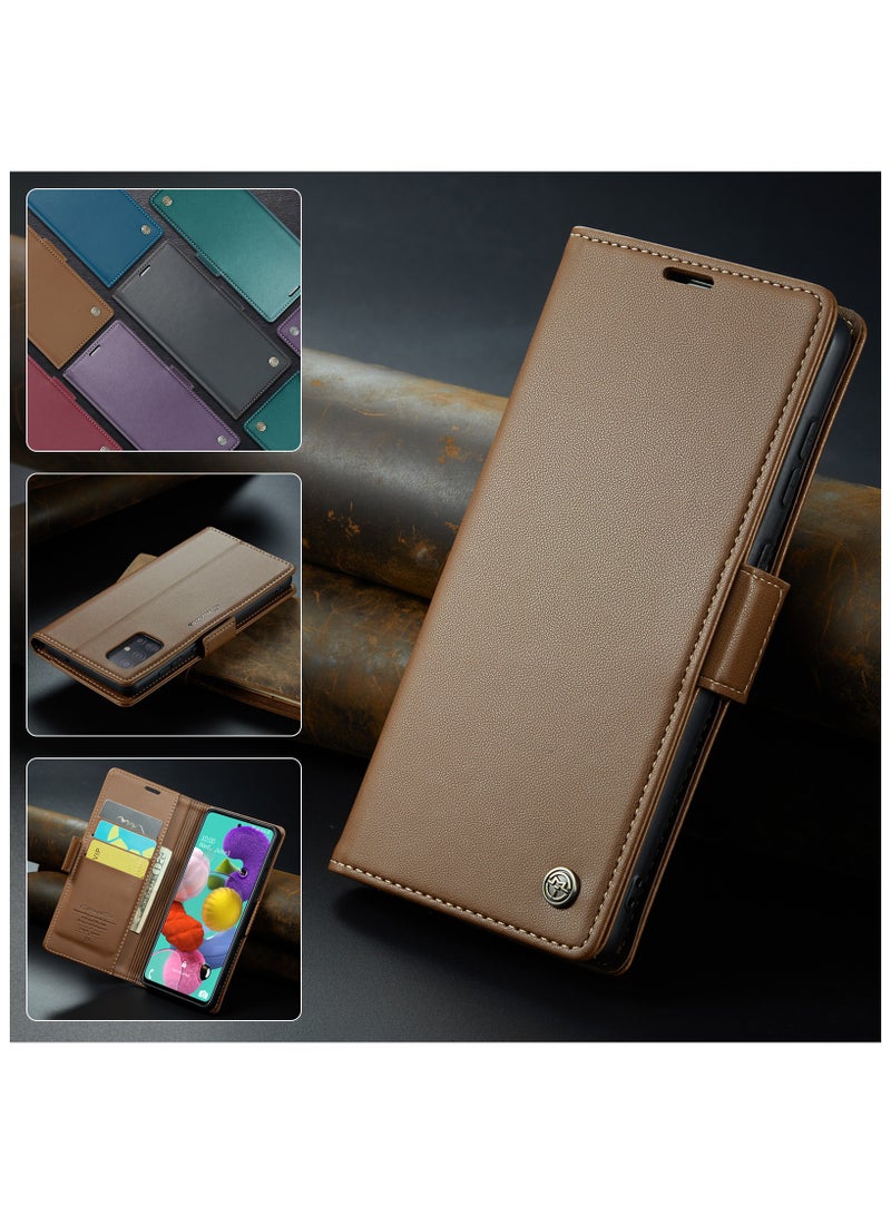 Flip Wallet Case for Samsung Galaxy A51 4G, Leather Magnetic Attachment Flip Case Brown - Image 4
