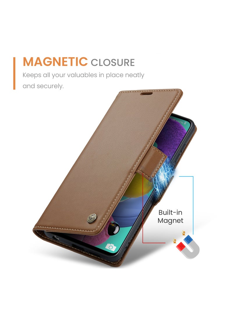 Flip Wallet Case for Samsung Galaxy A51 4G, Leather Magnetic Attachment Flip Case Brown - Image 3