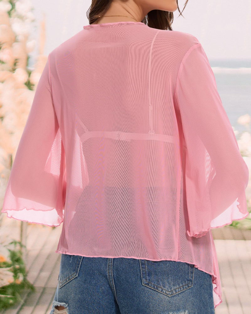 CHICGAL Women's Short Cardigan Bolero Shrug Sheer Tie Front Top 3/4 Sleeve Jacket for Dress (Pink,L) - Image 5