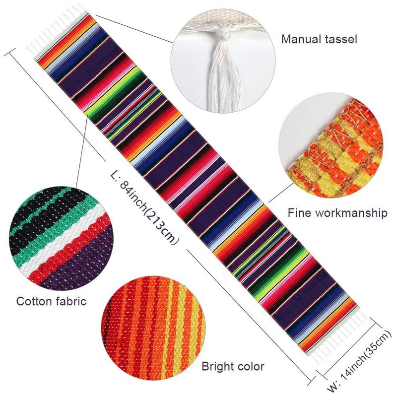Fowecelt Mexican Serape Table Runner 14 x 84 Inch for Mexican Party Wedding Decorations Outdoor Picnics Dining Table, Fringe Cotton Handwoven Table Runners - Image 2