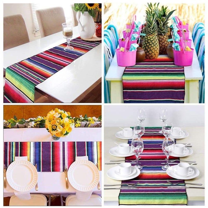 Fowecelt Mexican Serape Table Runner 14 x 84 Inch for Mexican Party Wedding Decorations Outdoor Picnics Dining Table, Fringe Cotton Handwoven Table Runners - Image 4
