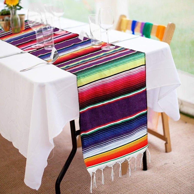 Fowecelt Mexican Serape Table Runner 14 x 84 Inch for Mexican Party Wedding Decorations Outdoor Picnics Dining Table, Fringe Cotton Handwoven Table Runners - Image 1