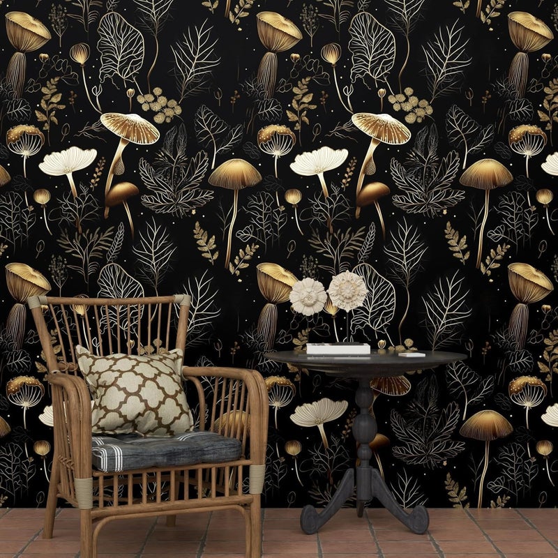 Laatse Boho Wallpaper Peel and Stick Dark Floral Contact Paper 17.5" x 118" Vinyl Self Adhesive Vintage Mushrooms Wall Mural Leaf Wall Paper for Room Countertop Drawer Decor(Golden,Black) - Image 4