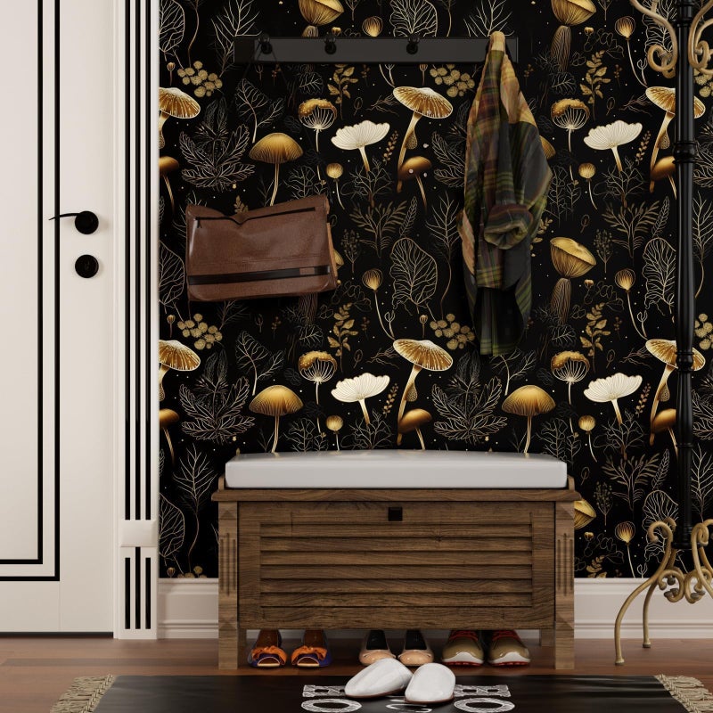 Laatse Boho Wallpaper Peel and Stick Dark Floral Contact Paper 17.5" x 118" Vinyl Self Adhesive Vintage Mushrooms Wall Mural Leaf Wall Paper for Room Countertop Drawer Decor(Golden,Black) - Image 2