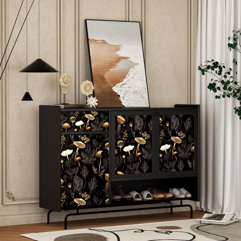 Laatse Boho Wallpaper Peel and Stick Dark Floral Contact Paper 17.5" x 118" Vinyl Self Adhesive Vintage Mushrooms Wall Mural Leaf Wall Paper for Room Countertop Drawer Decor(Golden,Black) - Image 3