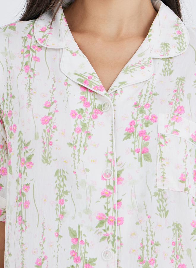 Take Two Pack of 3 - Floral Print Cotton Shirt, Shorts and Pyjama Set - Image 4