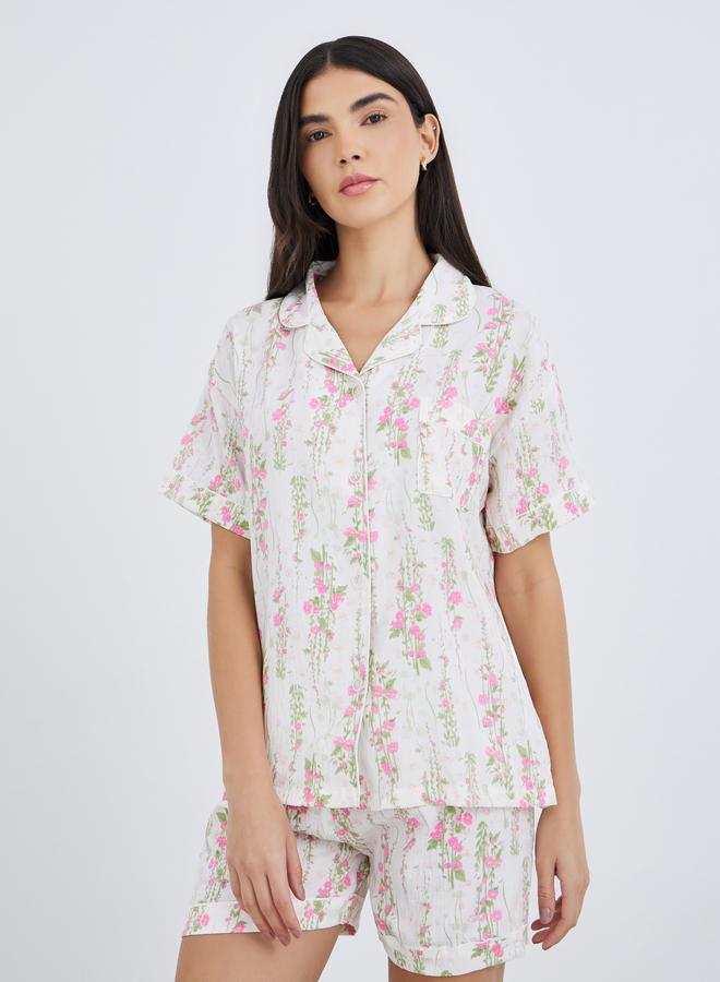 Take Two Pack of 3 - Floral Print Cotton Shirt, Shorts and Pyjama Set - Image 3