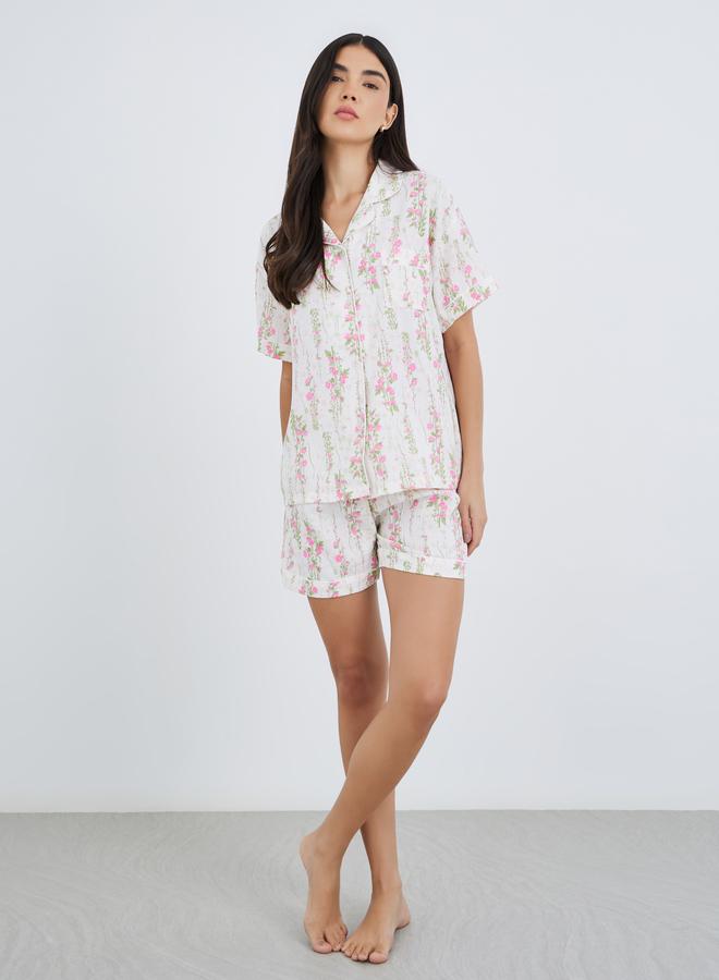 Take Two Pack of 3 - Floral Print Cotton Shirt, Shorts and Pyjama Set - Image 2