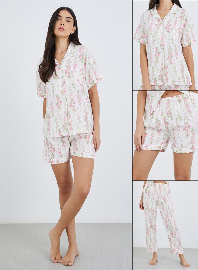 Take Two Pack of 3 - Floral Print Cotton Shirt, Shorts and Pyjama Set - Image 1