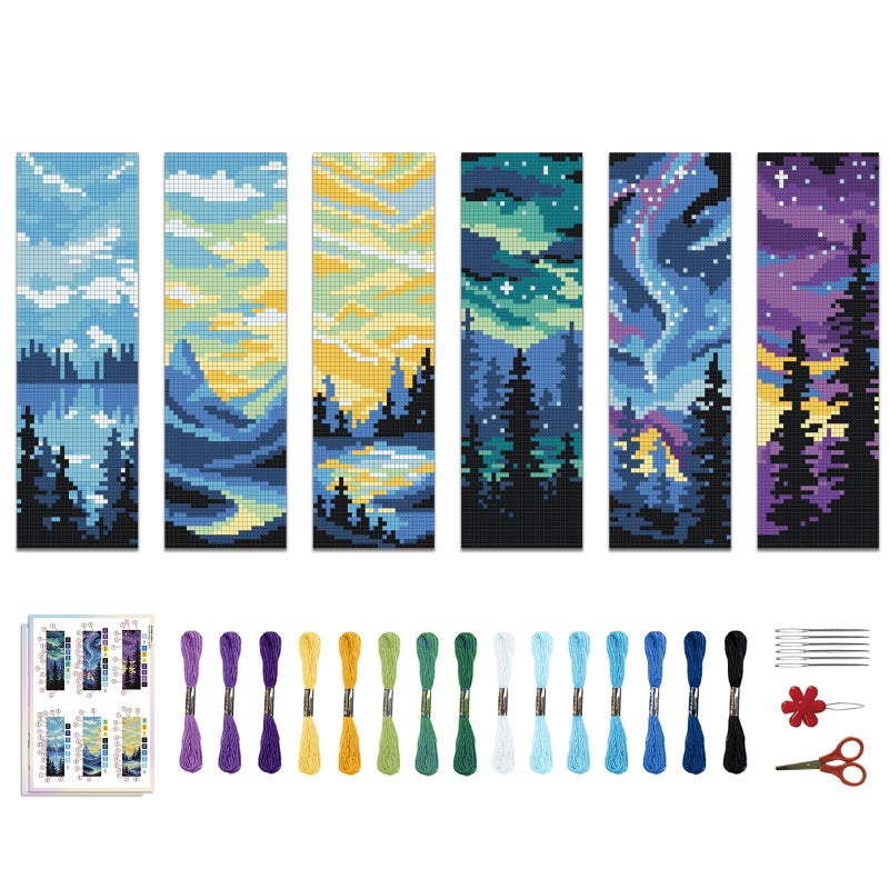 ACRNIGHEET 6PCS Cross Stitch Bookmark Kit DIY Bookmarks Cross Stitch Kit for Adult Beginners Cross-Stitch Stamped Kits with Landscape Patterns 8.7x3.1inch Stamped Embroidery Bookmark with Instructions - Image 1