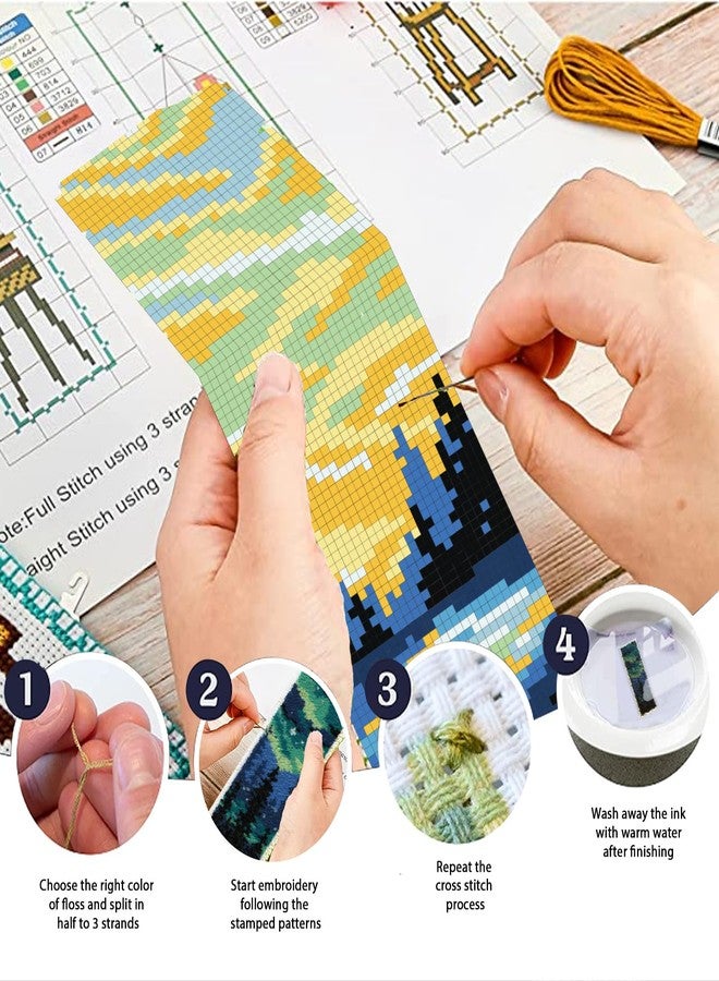ACRNIGHEET 6PCS Cross Stitch Bookmark Kit DIY Bookmarks Cross Stitch Kit for Adult Beginners Cross-Stitch Stamped Kits with Landscape Patterns 8.7x3.1inch Stamped Embroidery Bookmark with Instructions - Image 4