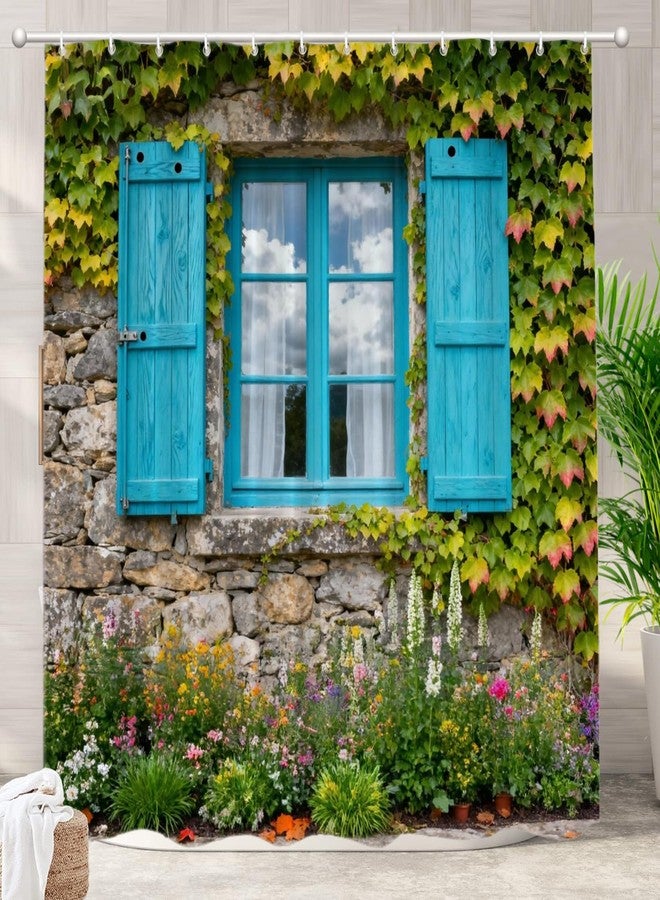 Batmerry European Flowers Scenery Garden Decoration Shower Curtain, Blue Wooden Windows Blinds Green Plants Decor Shower Curtain for Shower Stall Bathroom Waterproof of Standard Size 72x72 Inch - Image 1