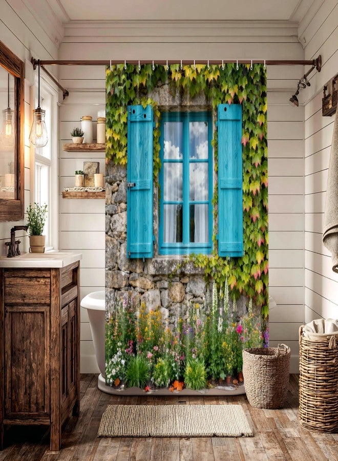 Batmerry European Flowers Scenery Garden Decoration Shower Curtain, Blue Wooden Windows Blinds Green Plants Decor Shower Curtain for Shower Stall Bathroom Waterproof of Standard Size 72x72 Inch - Image 3