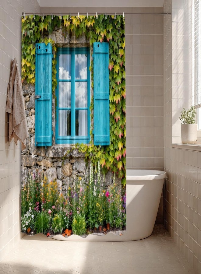 Batmerry European Flowers Scenery Garden Decoration Shower Curtain, Blue Wooden Windows Blinds Green Plants Decor Shower Curtain for Shower Stall Bathroom Waterproof of Standard Size 72x72 Inch - Image 4