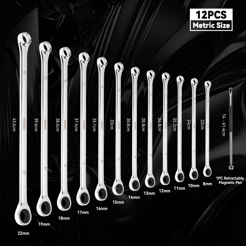 DISEN 12 + 1 pcs Extra Long Ratchet Wrench Set, Metric 8-22mm Double Box End Ratcheting Wrench Set with a Magnetic Pickup Tool, Secret Santa Gifts for Men, Stocking Fillers for Men Christmas Birthday - Image 2