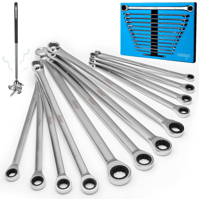 DISEN 12 + 1 pcs Extra Long Ratchet Wrench Set, Metric 8-22mm Double Box End Ratcheting Wrench Set with a Magnetic Pickup Tool, Secret Santa Gifts for Men, Stocking Fillers for Men Christmas Birthday - Image 1