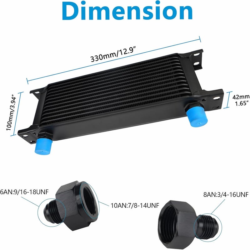 HTRACING 13 Row AN10 10AN Transmission Oil Cooler Kit Stacked Plate With 6AN 8AN Adapter Universal Engine Transmission British Radiator Oil Cooler Condenser Aluminium Alloy Black - Image 2