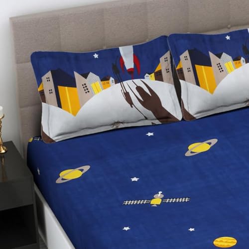 Filymore Rocket Bedsheet for Girls - Cartoon Rocket Print Double Bed Queen Size with 2 Pillow Covers (90x90 inches, Blue and Yellow) - Image 3