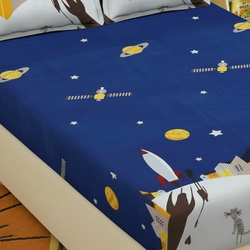 Filymore Rocket Bedsheet for Girls - Cartoon Rocket Print Double Bed Queen Size with 2 Pillow Covers (90x90 inches, Blue and Yellow) - Image 2