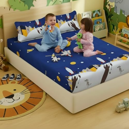 Filymore Rocket Bedsheet for Girls - Cartoon Rocket Print Double Bed Queen Size with 2 Pillow Covers (90x90 inches, Blue and Yellow) - Image 4