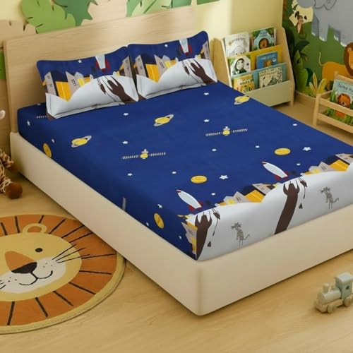 Filymore Rocket Bedsheet for Girls - Cartoon Rocket Print Double Bed Queen Size with 2 Pillow Covers (90x90 inches, Blue and Yellow) - Image 1