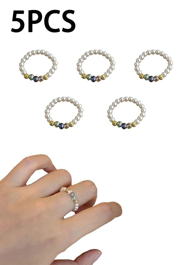 5PCS Stretch Faux Pearl Elastic Bead Wrapped Stackable Ring Gift, Colorful Faux Pearl Ring, Fashionable Matching, For Ladies Girls - Image 1
