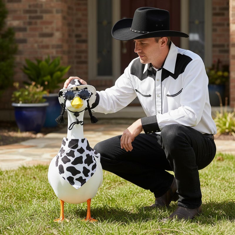 Aposwow Porch Goose Cow Outfits, Cute Hat Bandana and Glasses Cement Goose Costume, Farm Cow Garden Lawn Art Outfits Party Decor for 23" 17" Geese Statue - Image 5