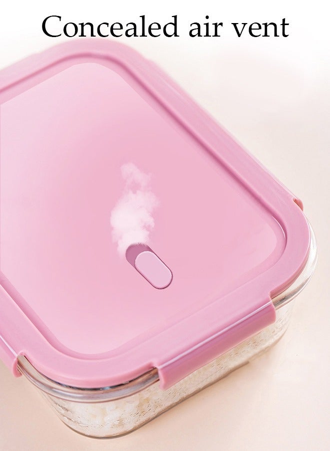 3 Pieces Glass Kitchen Meal Preparation Container, Glass Meal Boxes, Glass Bowls 410ml, 680ml, 650ml, Refrigerator Frozen Food Sealed Preservation Box, Microwave Heating Glass Meal Box, Pink Color