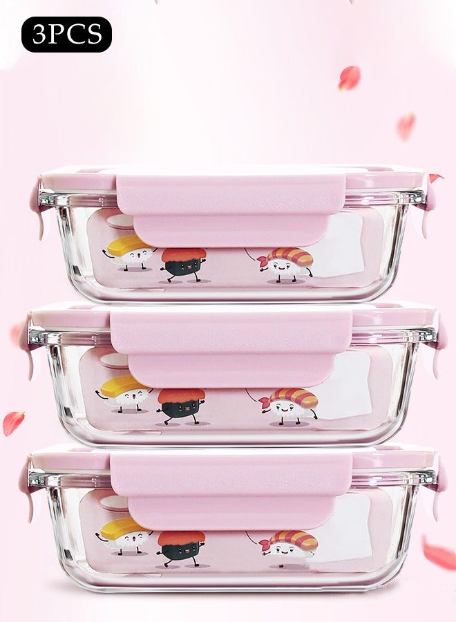 3 Pieces Glass Kitchen Meal Preparation Container, Glass Meal Boxes, Glass Bowls 410ml, 680ml, 650ml, Refrigerator Frozen Food Sealed Preservation Box, Microwave Heating Glass Meal Box, Pink Color