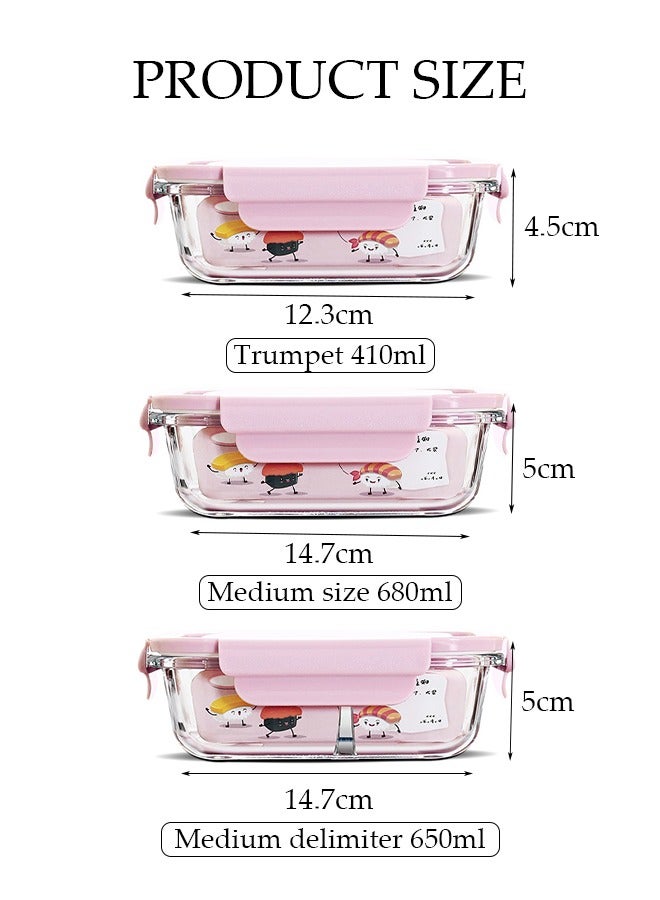 3 Pieces Glass Kitchen Meal Preparation Container, Glass Meal Boxes, Glass Bowls 410ml, 680ml, 650ml, Refrigerator Frozen Food Sealed Preservation Box, Microwave Heating Glass Meal Box, Pink Color