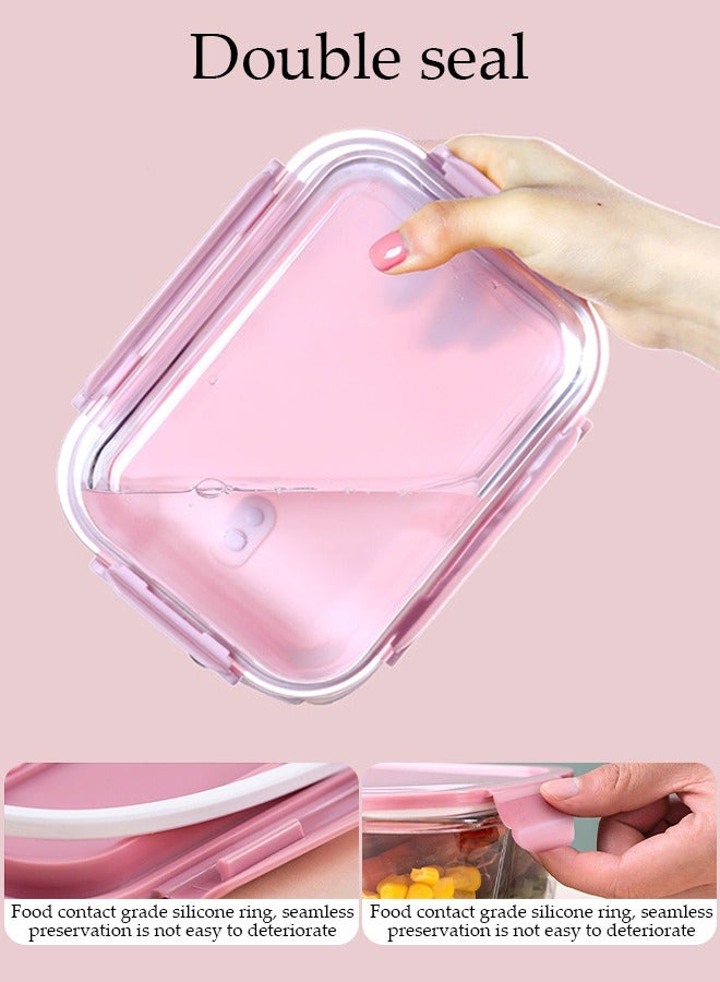 3 Pieces Glass Kitchen Meal Preparation Container, Glass Meal Boxes, Glass Bowls 410ml, 680ml, 650ml, Refrigerator Frozen Food Sealed Preservation Box, Microwave Heating Glass Meal Box, Pink Color