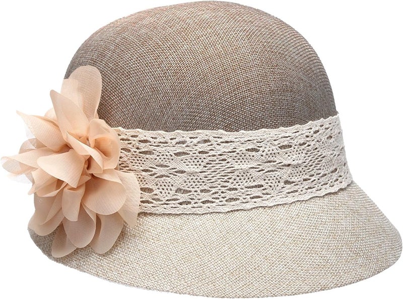 Women's Gatsby Linen Cloche Hat with Lace Band and Flower