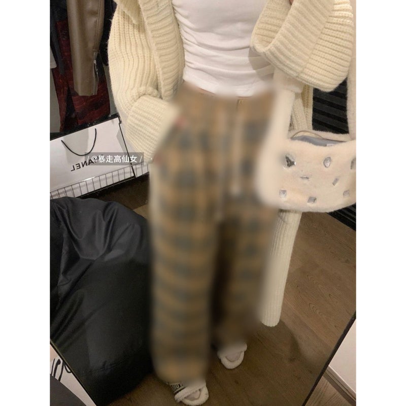 175 tall extended plaid pants lazy loose slimming plaid wide leg pants casual apricot floor-length casual pants - Image 1