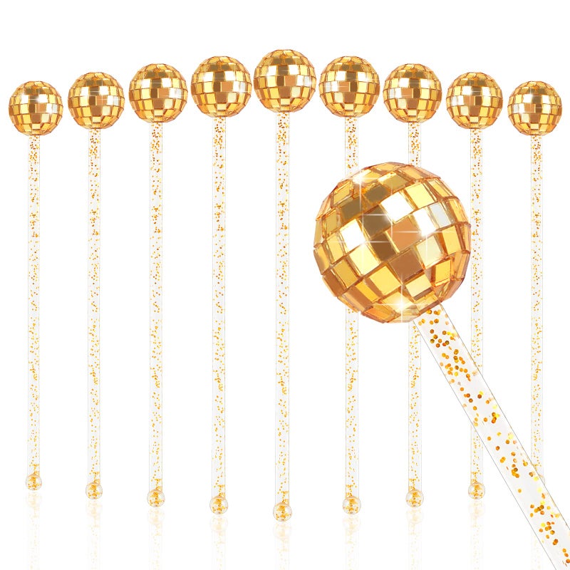 10 Pieces Gold Drink Stirrers Cocktail Disco Balls Cocktail Stirrers Disco Ball Swizzle Sticks Glitter Drink Stirrers for Last Disco Bachelorette Party Wedding Bar 74 Inches Long
