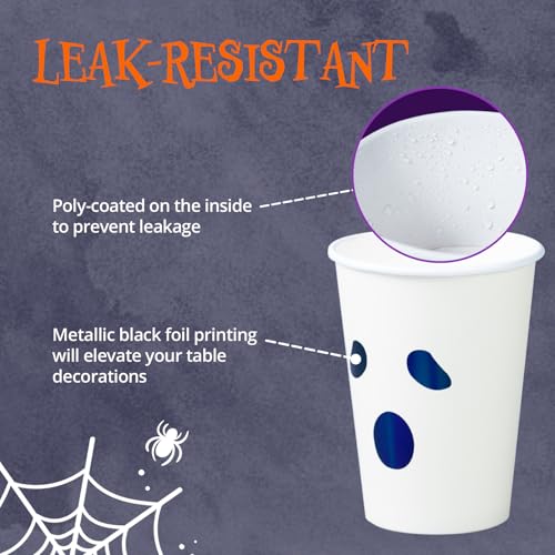 Confettiville Halloween Disposable Paper Party Cups, Bulk 50 Pack, Leak-Resistant, 12 oz Hot and Cold Cups for Restaurants and Parties, Ghost Face - Image 5