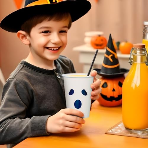 Confettiville Halloween Disposable Paper Party Cups, Bulk 50 Pack, Leak-Resistant, 12 oz Hot and Cold Cups for Restaurants and Parties, Ghost Face - Image 2