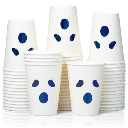 Confettiville Halloween Disposable Paper Party Cups, Bulk 50 Pack, Leak-Resistant, 12 oz Hot and Cold Cups for Restaurants and Parties, Ghost Face - Image 1