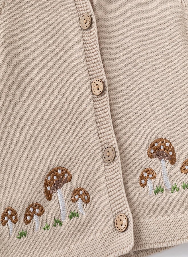 DaZhangGui Baby Girl Knit Cardigan Sweater with Mushroom Embroidery, Toddler Boy Cotton Top (US, Age, 4 Years, 5 Years, M-Beige) - Image 3