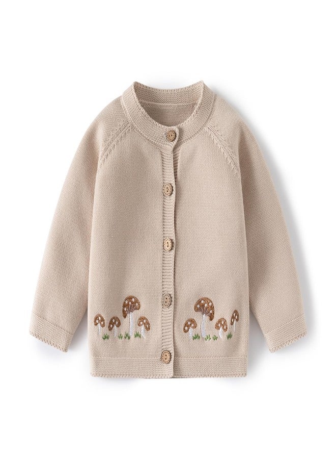 DaZhangGui Baby Girl Knit Cardigan Sweater with Mushroom Embroidery, Toddler Boy Cotton Top (US, Age, 4 Years, 5 Years, M-Beige) - Image 1