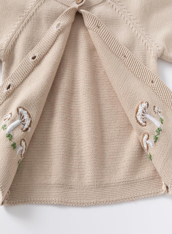 DaZhangGui Baby Girl Knit Cardigan Sweater with Mushroom Embroidery, Toddler Boy Cotton Top (US, Age, 4 Years, 5 Years, M-Beige) - Image 5