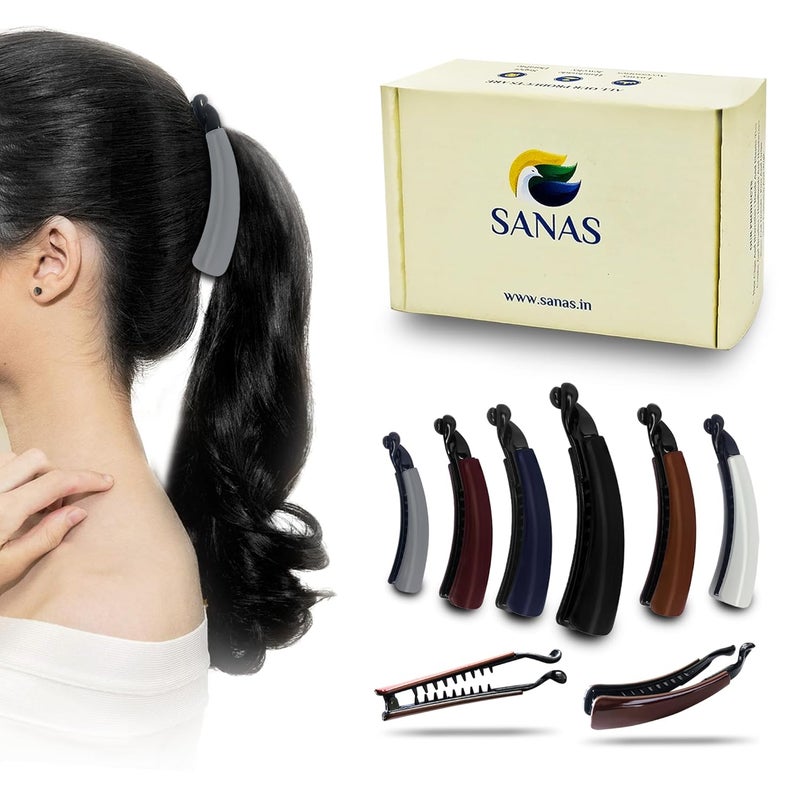 Sanas مشابك شعر الموز الأنيقة من ساناس - إكسسوارات شعر للنساء، مشابك كورية، مشابك شعر فاخرة، مشابك قفل ذاتي للاستخدام اليومي، مجموعة كبيرة الحجم بألوان متنوعة 6 قطع - Image 1