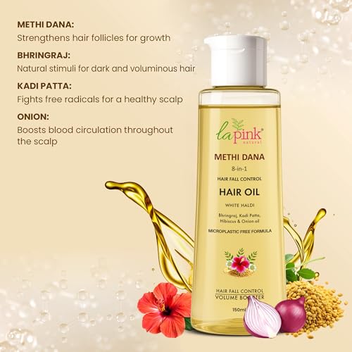 La Pink Methi Dana 8-in-1 Hair Oil For Hair Growth & Thickness | Reduces Hair Fall, Dandruff & Baldness | Enriched with Hibiscus, Bhringraj, Indian Bay Leaf & Onion | 150ml - Image 3