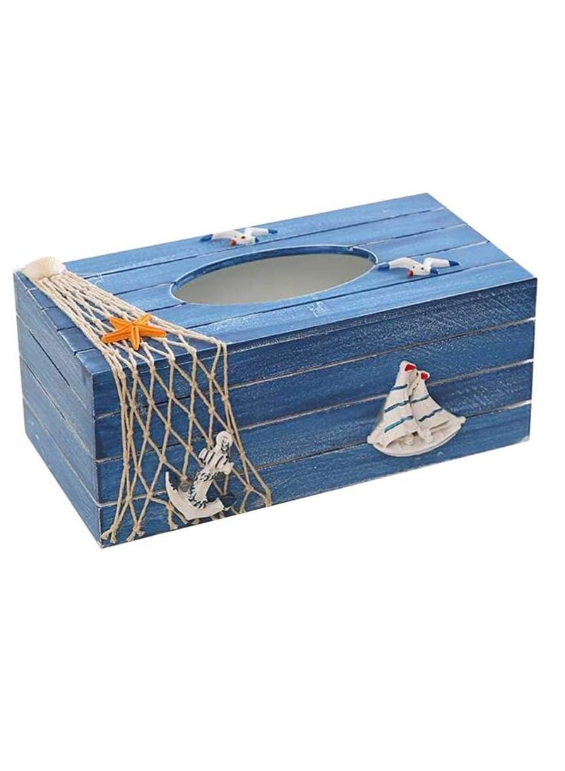 KASTWAVE Wooden Tissue Holder Box Cover Facial Tissue Paper Dispenser Mediterranean Decorative Tissue Box Coastal Beach Nautical Table Decor - Image 1