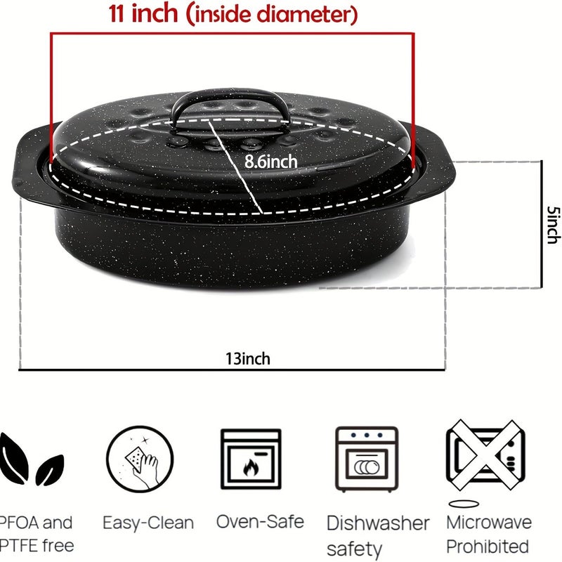 Black Enamel Carbon Steel Roasting Pan With Lid Oval Roaster For Turkey Chicken Meat And Vegetables Non Stick High Temperature Resistant Dishwasher Safe - Image 3