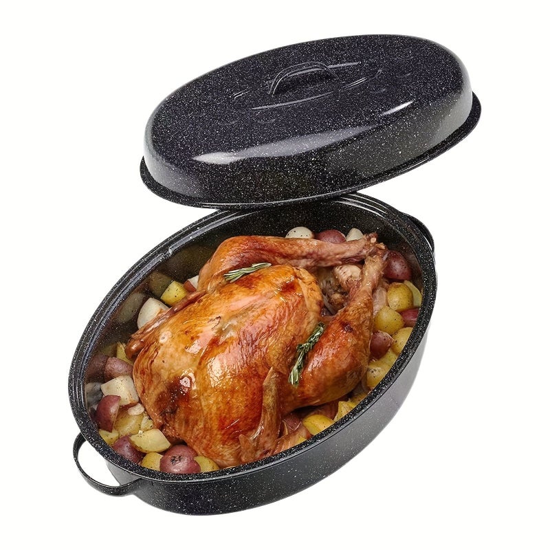 Black Enamel Carbon Steel Roasting Pan With Lid Oval Roaster For Turkey Chicken Meat And Vegetables Non Stick High Temperature Resistant Dishwasher Safe - Image 1