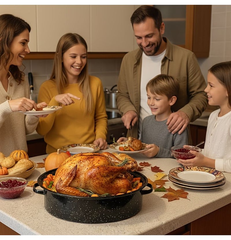Black Enamel Carbon Steel Roasting Pan With Lid Oval Roaster For Turkey Chicken Meat And Vegetables Non Stick High Temperature Resistant Dishwasher Safe - Image 5