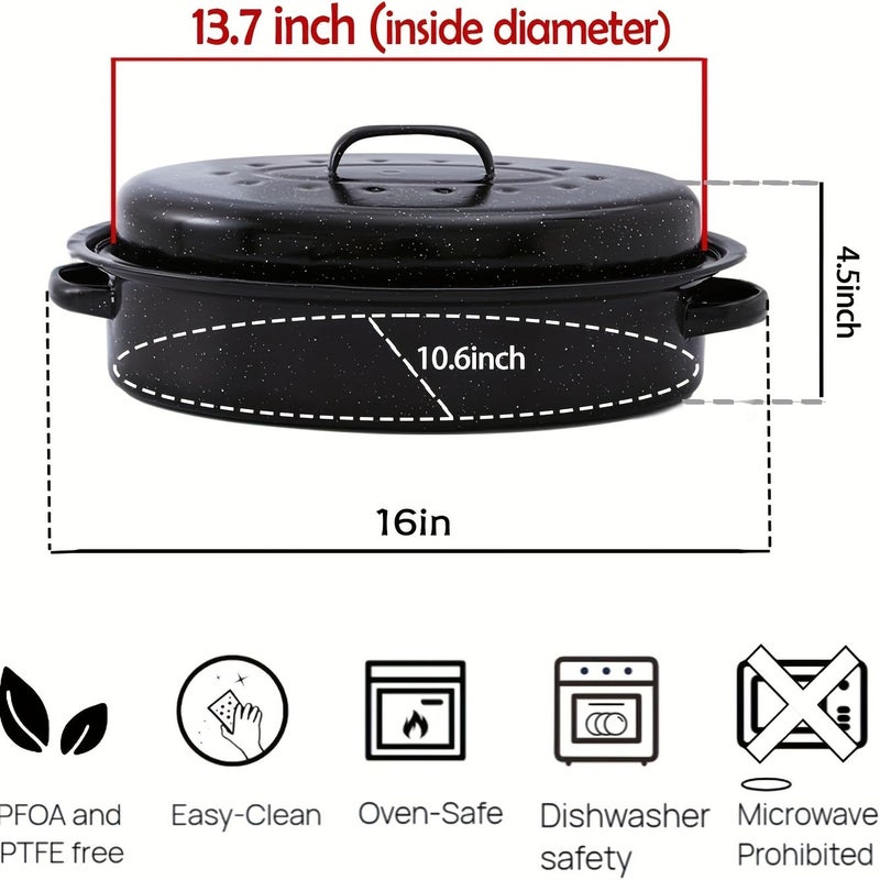 Black Enamel Carbon Steel Roasting Pan With Lid Oval Roaster For Turkey Chicken Meat And Vegetables Non Stick High Temperature Resistant Dishwasher Safe - Image 4